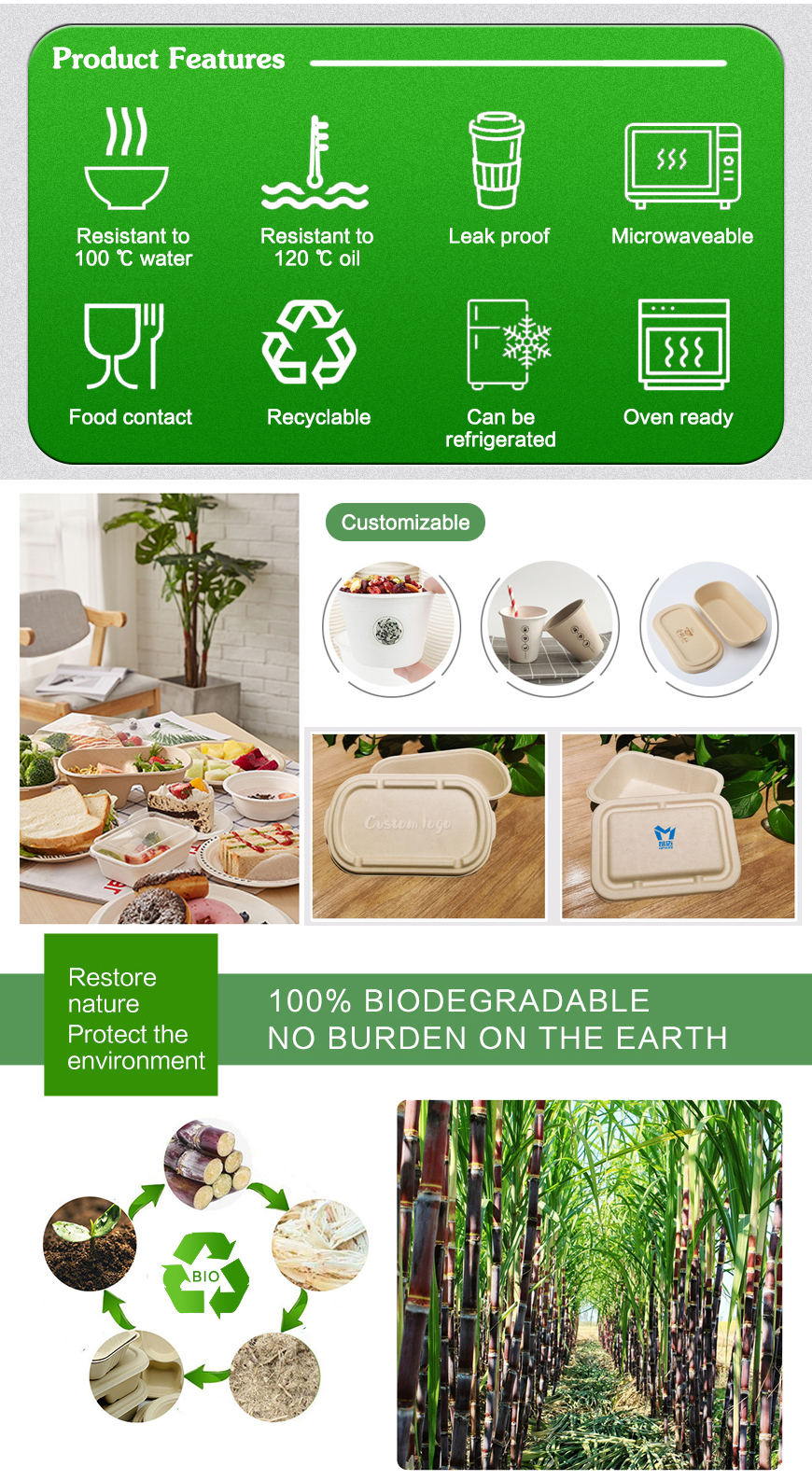 Eco Friendly 100% Biodegradable Disposable Compostable Custom Logo