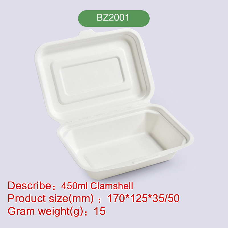 450ml Clamshell hinge hamburger box Biodegradable disposable compostable bagasse pulp-BZ2001