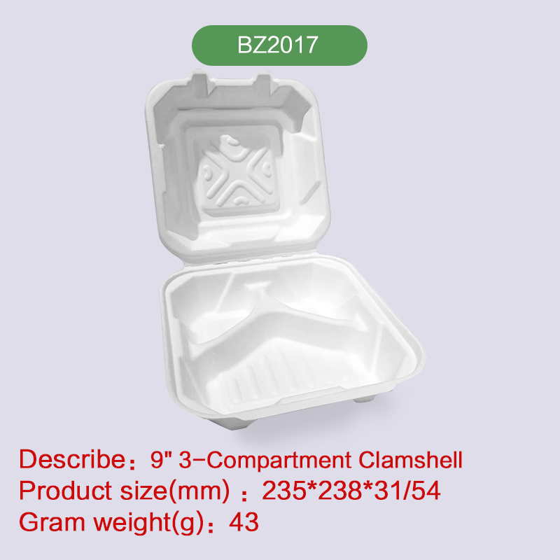 9'' 3-com Clamshell hinge hamburger box Biodegradable disposable compostable bagasse pulp-BZ2017