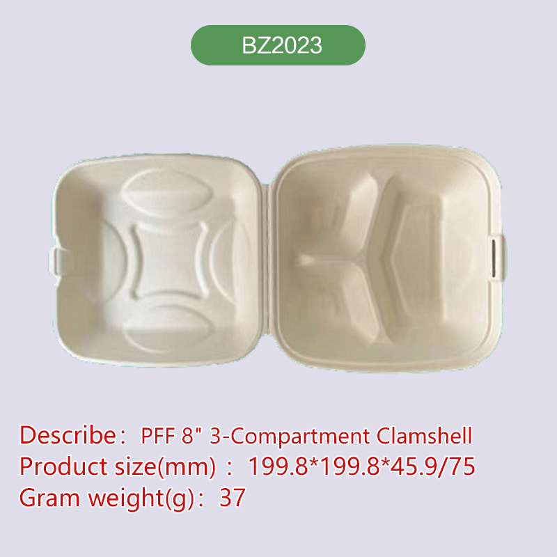 8''*3-com Clamshell hinge hamburger box Biodegradable disposable compostable bagasse pulp-BZ2023