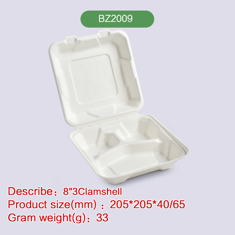 6''*3-com Clamshell hinge hamburger box Biodegradable disposable compostable bagasse pulp-BZ2009