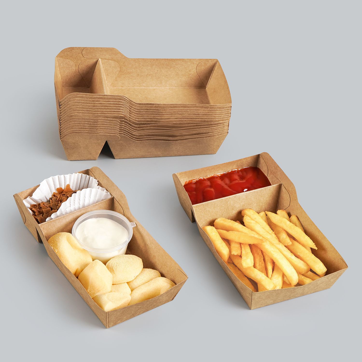 Disposable dual-compartment kraft paper food container – factory direct, low price.